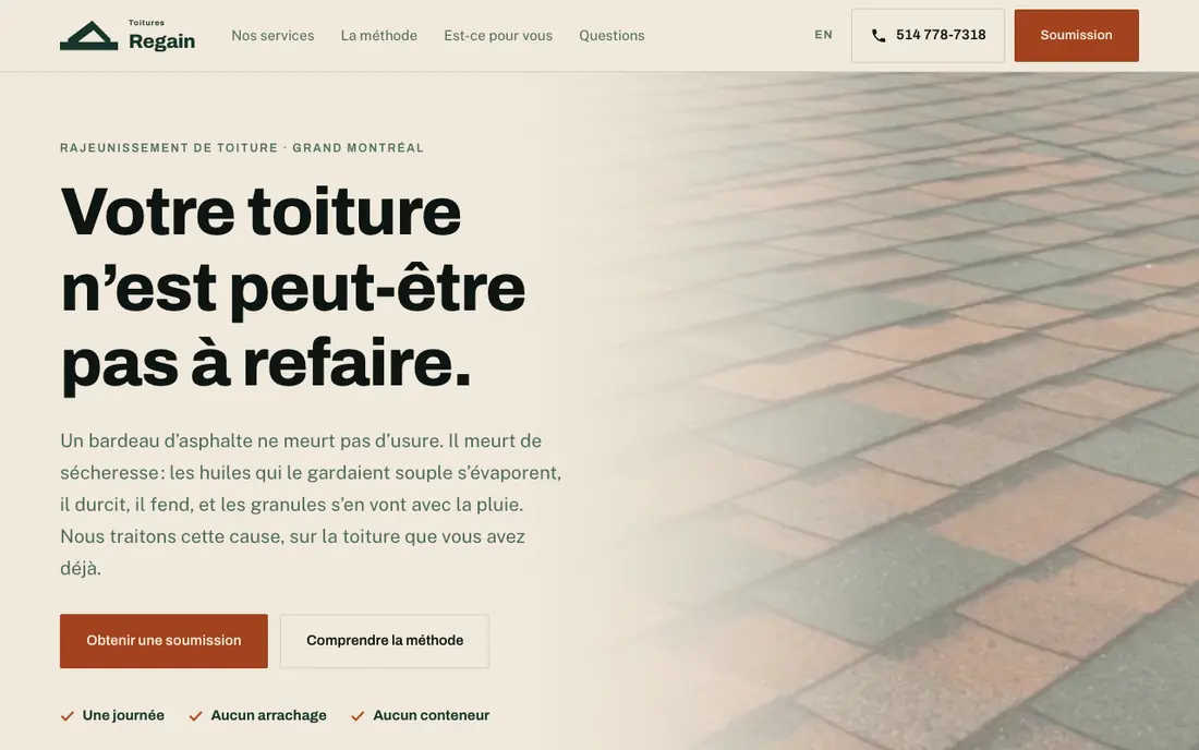 Page d'accueil du site de Toitures Regain
