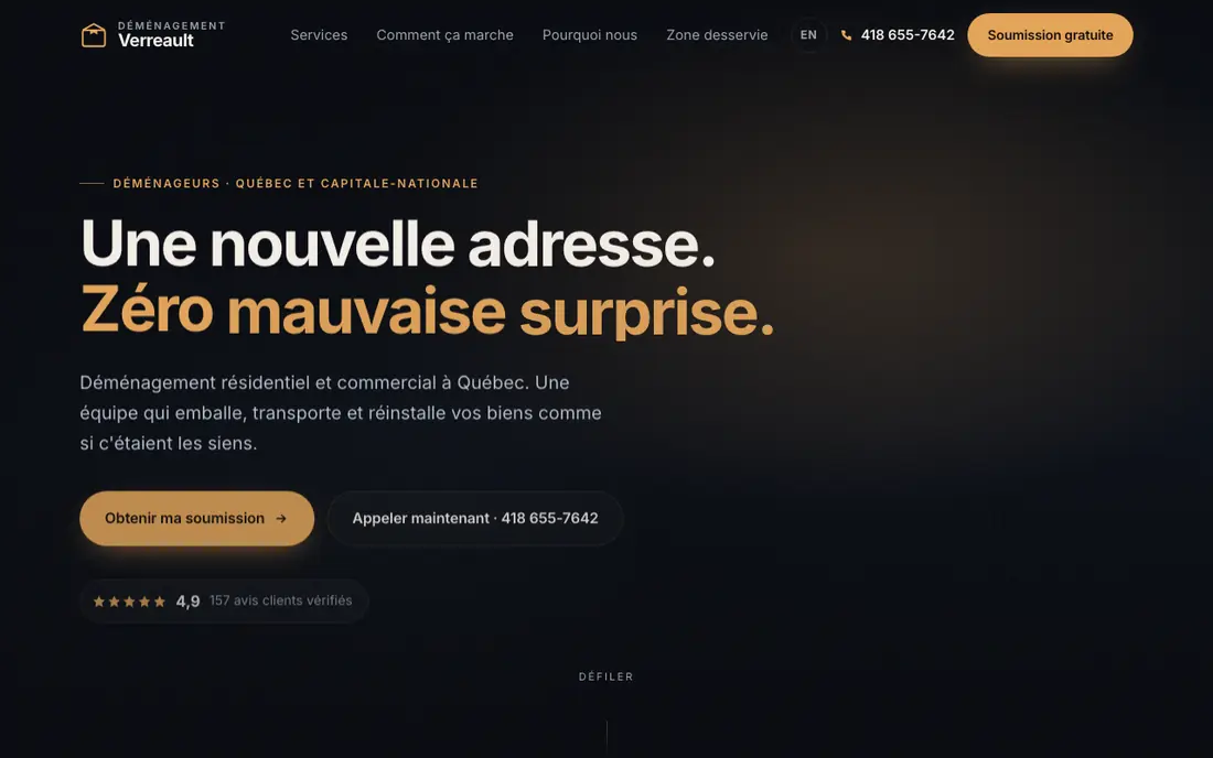 Page d'accueil du site de Déménagement Verreault